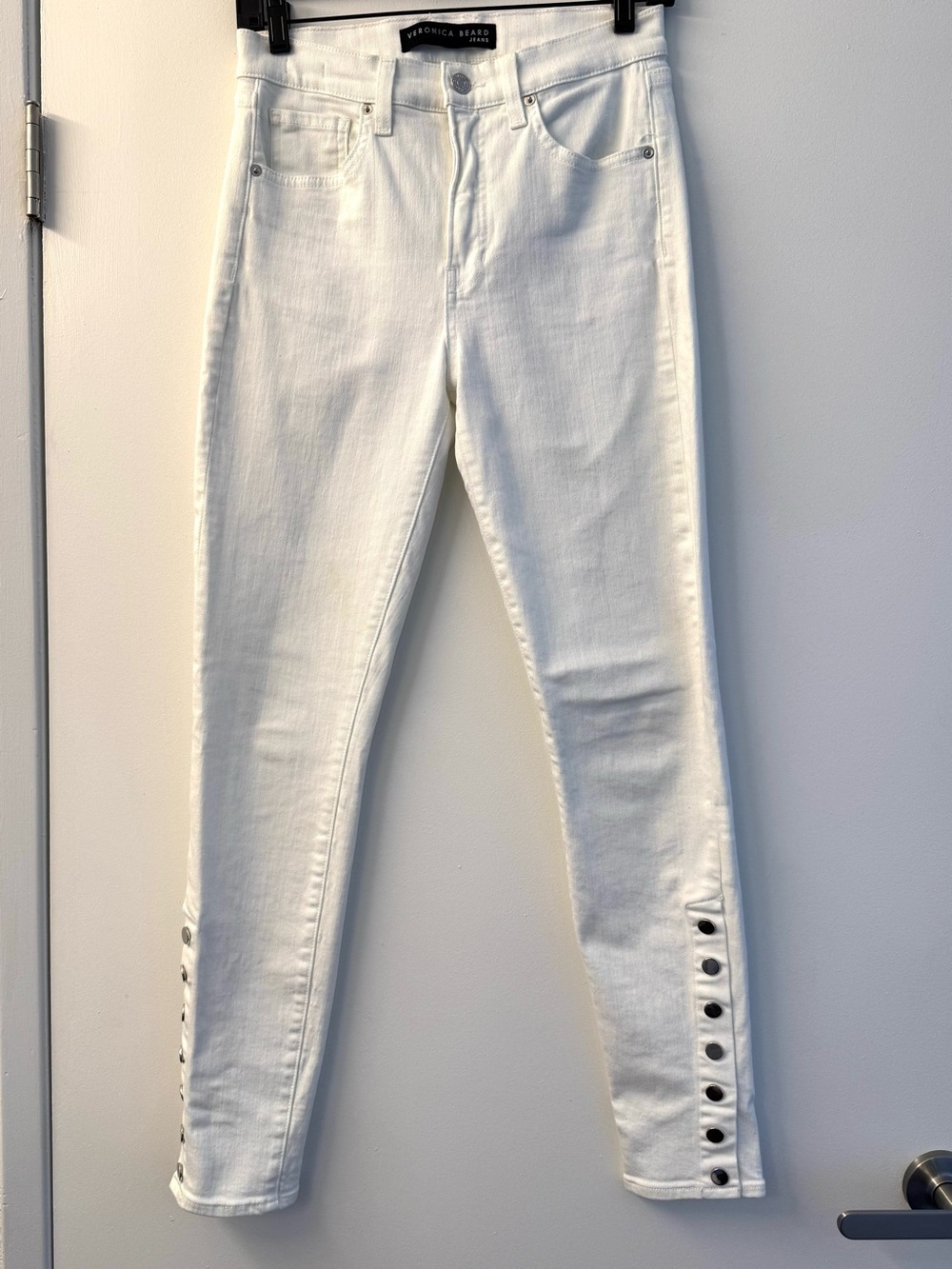 Veronica Beard White Skinny Jeans with Ankle Snap Detail